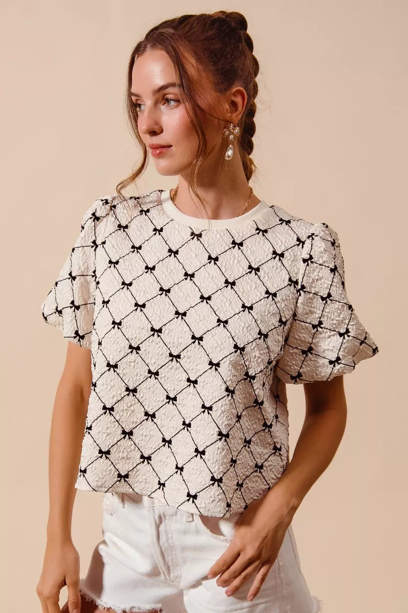 bow texture woven So Me Bow Texture Woven Bubble Sleeve Top view 2 (top) - shop at us.meeeshop
