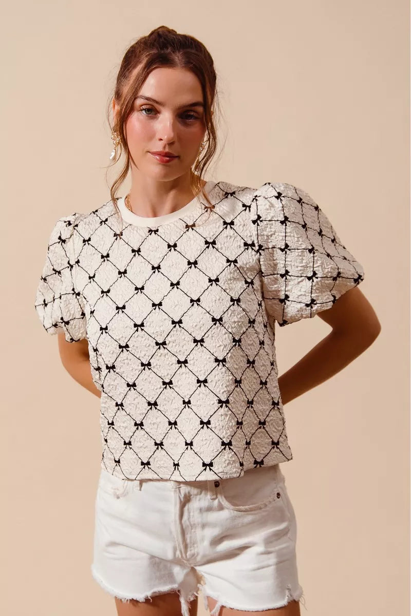 bow texture woven So Me Bow Texture Woven Bubble Sleeve Top view 3 (top) - shop at us.meeeshop