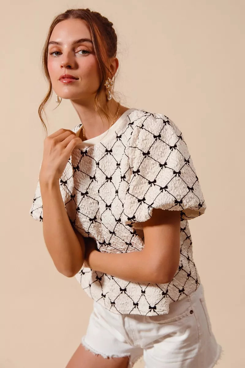 bow texture woven So Me Bow Texture Woven Bubble Sleeve Top view 4 (top) - shop at us.meeeshop
