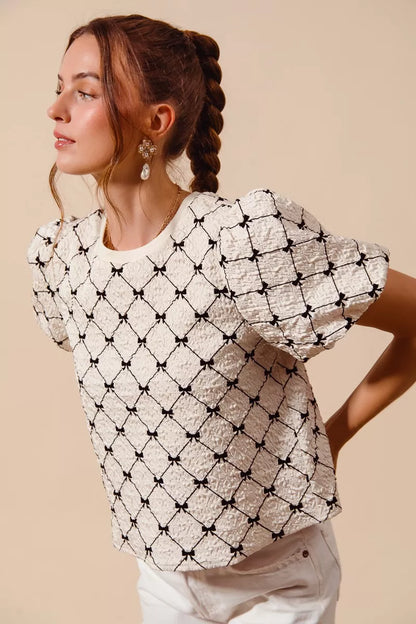bow texture woven So Me Bow Texture Woven Bubble Sleeve Top view 5 (top) - shop at us.meeeshop