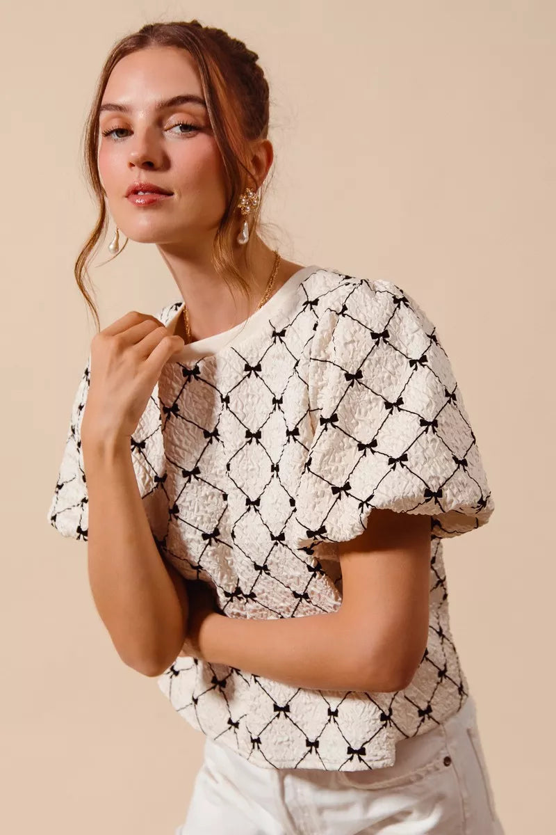 bow texture woven So Me Bow Texture Woven Bubble Sleeve Top view 6 (top) - shop at us.meeeshop