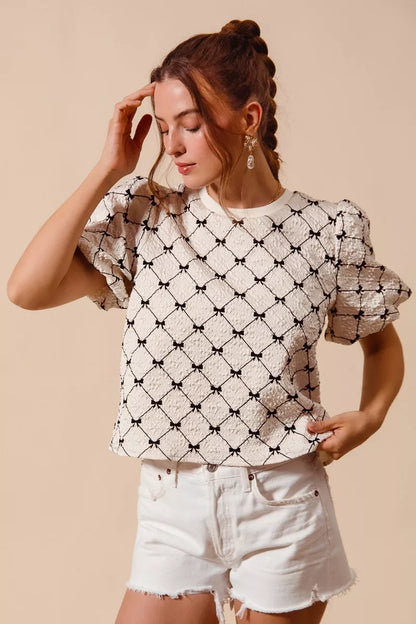 bow texture woven So Me Bow Texture Woven Bubble Sleeve Top view 7 (top) - shop at us.meeeshop