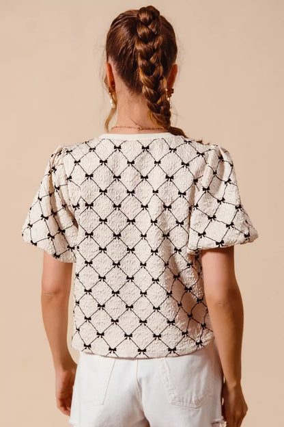 bow texture woven So Me Bow Texture Woven Bubble Sleeve Top view 8 (top) - shop at us.meeeshop