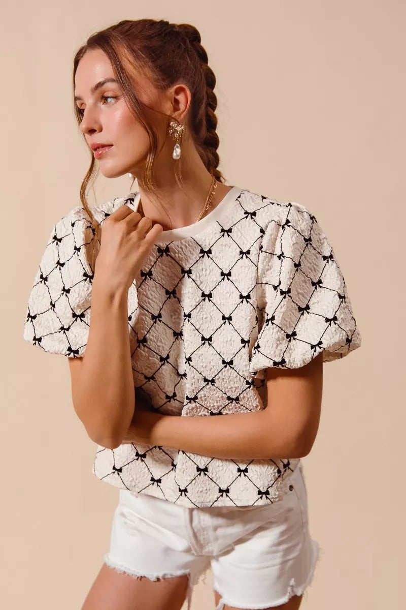 bow texture woven So Me Bow Texture Woven Bubble Sleeve Top view 9 (top) - shop at us.meeeshop