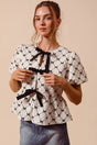 So Me Bow Texture Woven Peplum Top with Contrast Tie