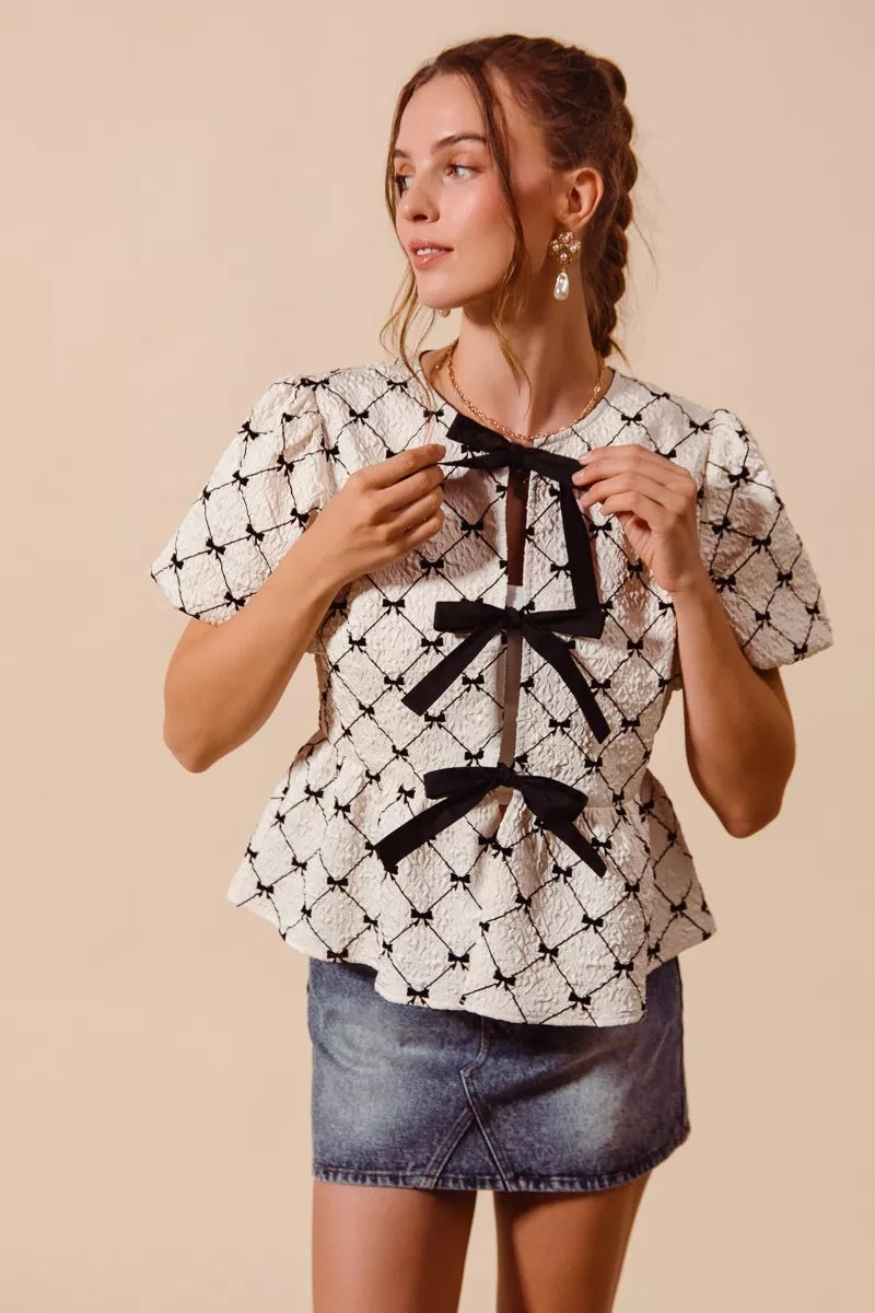bow texture woven So Me Bow Texture Woven Peplum Top with Contrast Tie view 4 (top) - shop at us.meeeshop