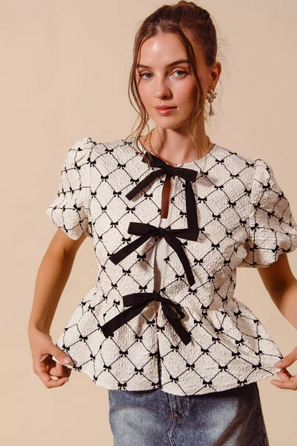 bow texture woven So Me Bow Texture Woven Peplum Top with Contrast Tie view 6 (top) - shop at us.meeeshop