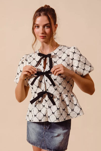 bow texture woven So Me Bow Texture Woven Peplum Top with Contrast Tie view 8 (top) - shop at us.meeeshop