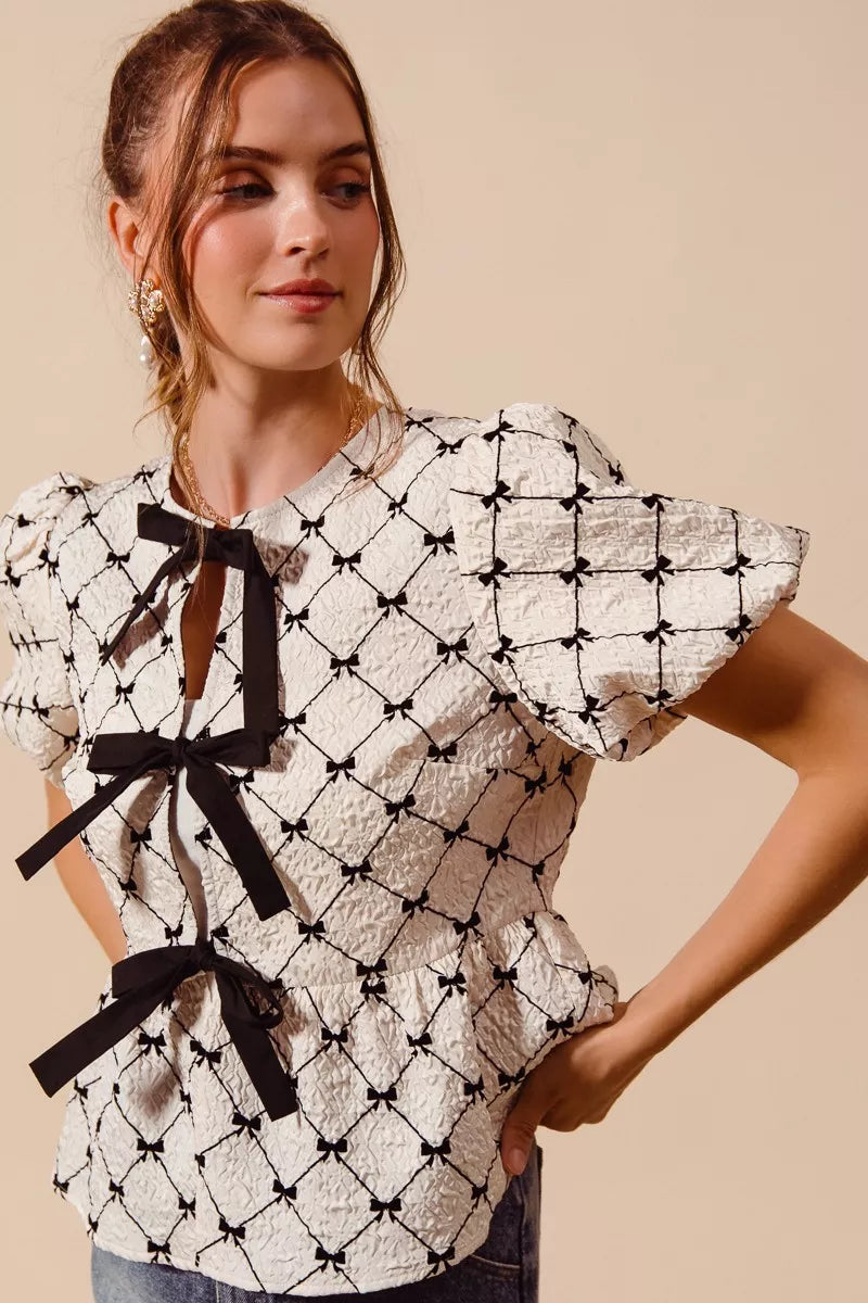 bow texture woven So Me Bow Texture Woven Peplum Top with Contrast Tie view 9 (top) - shop at us.meeeshop