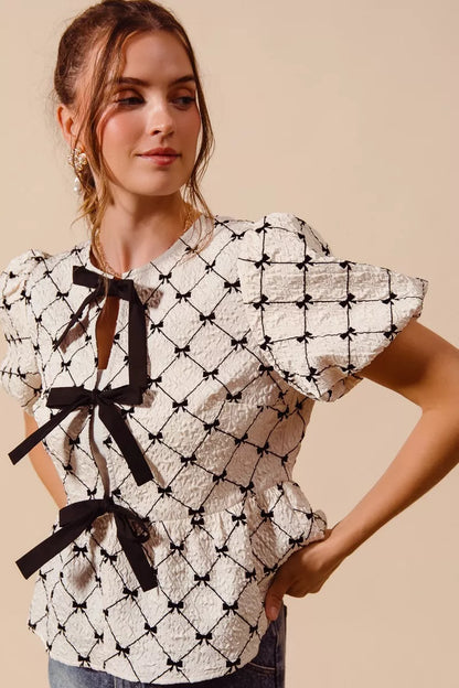 bow texture woven So Me Bow Texture Woven Peplum Top with Contrast Tie view 9 (top) - shop at us.meeeshop