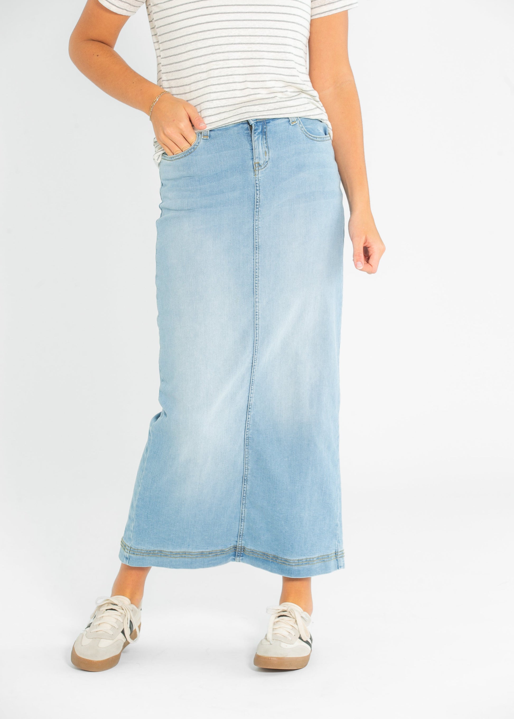 Bria Light Wash Denim Maxi Skirt view 11 (dress)