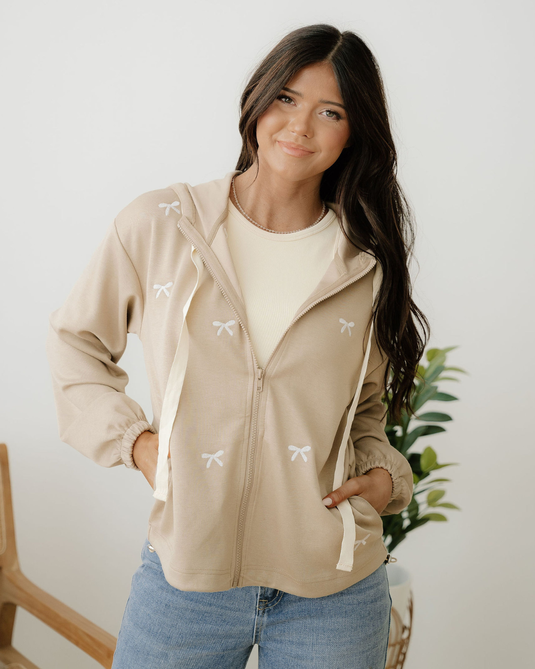 Brielle Bow Embroidered Zip up Hoodie in Goat view 3 - Zip Hoodie (top)