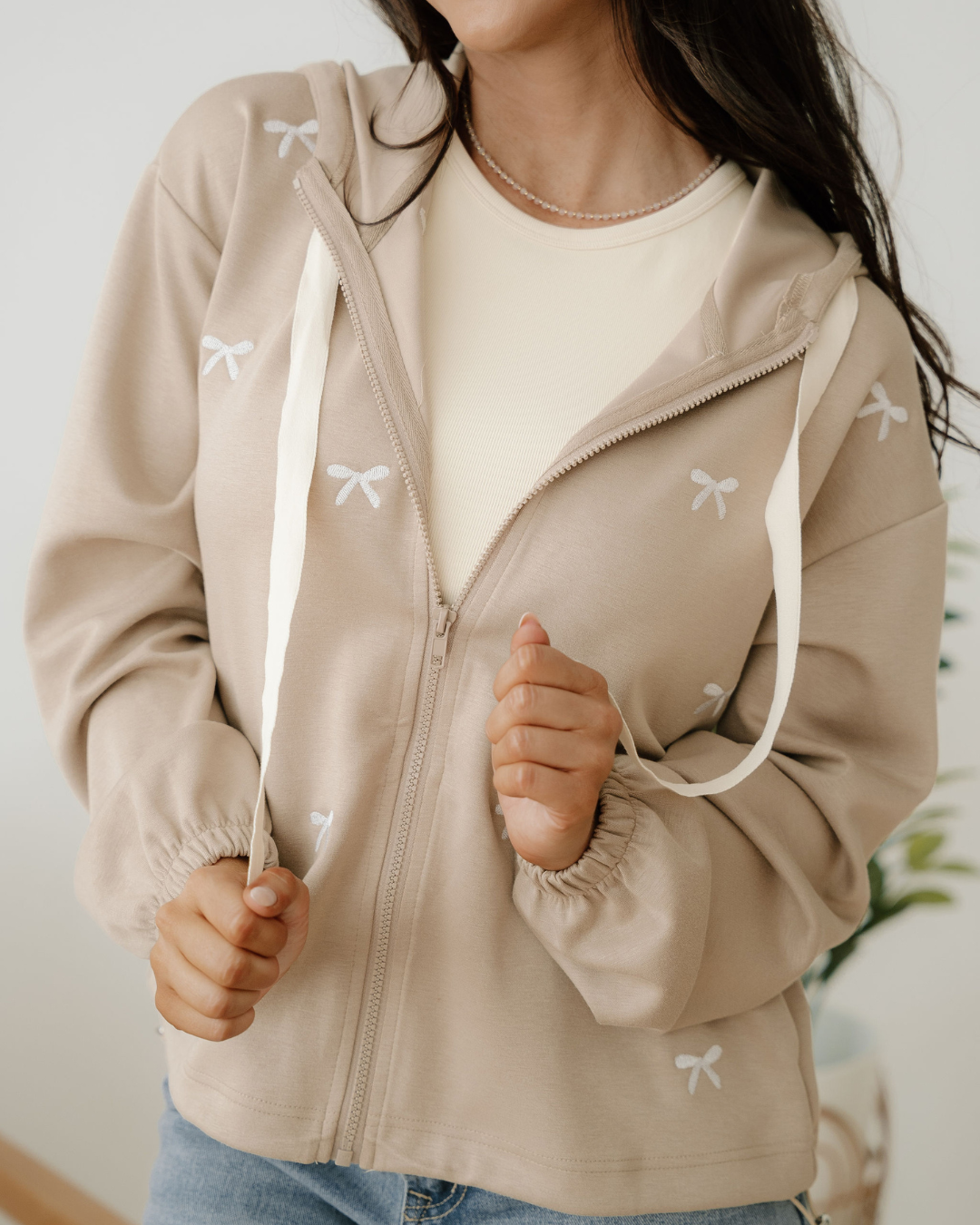 Brielle Bow Embroidered Zip up Hoodie in Goat - Zip Hoodie (top)