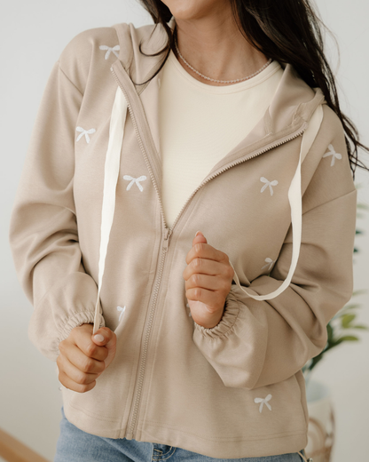 Brielle Bow Embroidered Zip up Hoodie in Goat - Zip Hoodie (top)