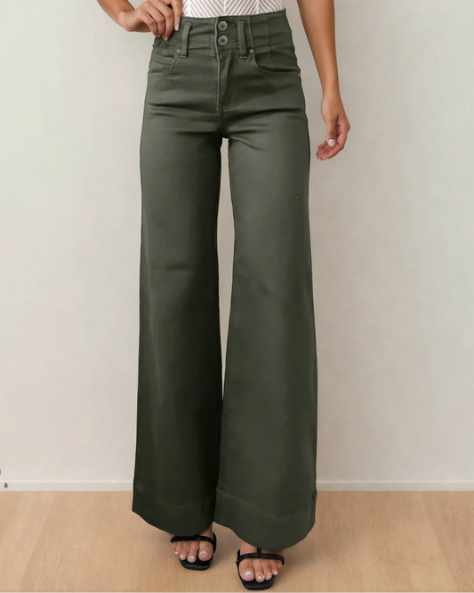 Brooke 2-button High Waist Flared Bottom Jeans - Olive in Mist Green view 2 - High-Waisted - Olive Jeans