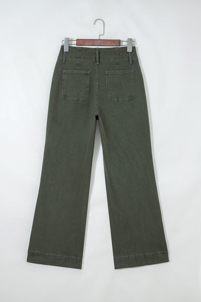 . Brooke 2-button High Waist Flared Bottom Jeans - Olive - MeeeShop Women's Fashion
