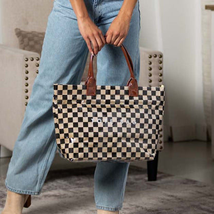 Brooklyn Laminated Mixed Media Checkered Tote in Cognac Check view 2 (bag)