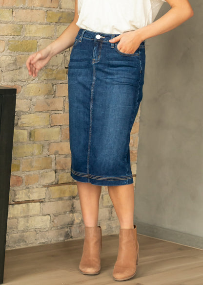 Bryn Dark Wash Denim Midi Skirt in 8 view 4 (dress)