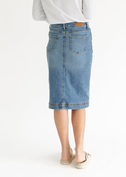 Bryn Light Wash Denim Midi Skirt in 16 view 8 (dress)