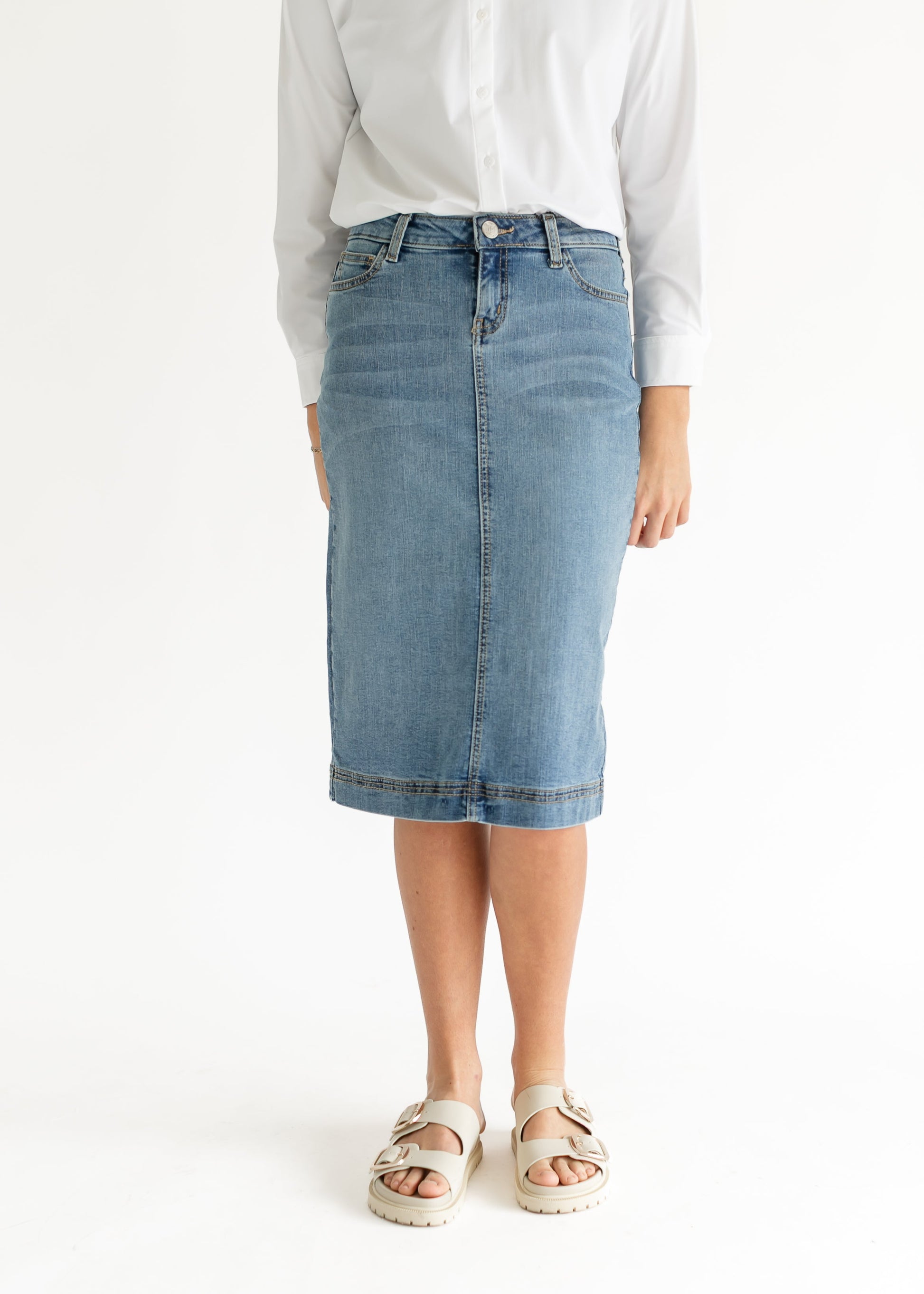 Bryn Light Wash Denim Midi Skirt in 8 view 4 (dress)