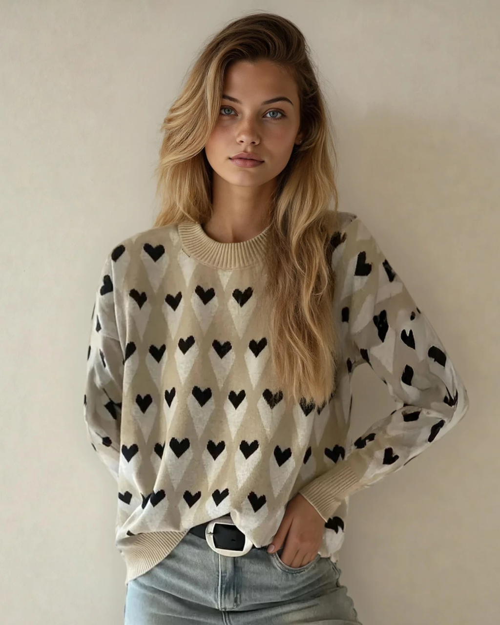 Brynlee Geometric Heart Print Ribbed Trim Loose Sweater Parchment (layer) - loose sweater, trim loose s - shop at us.meeeshop