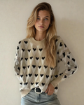 Brynlee Geometric Heart Print Ribbed Trim Loose Sweater Parchment (layer) - loose sweater, trim loose s - shop at us.meeeshop
