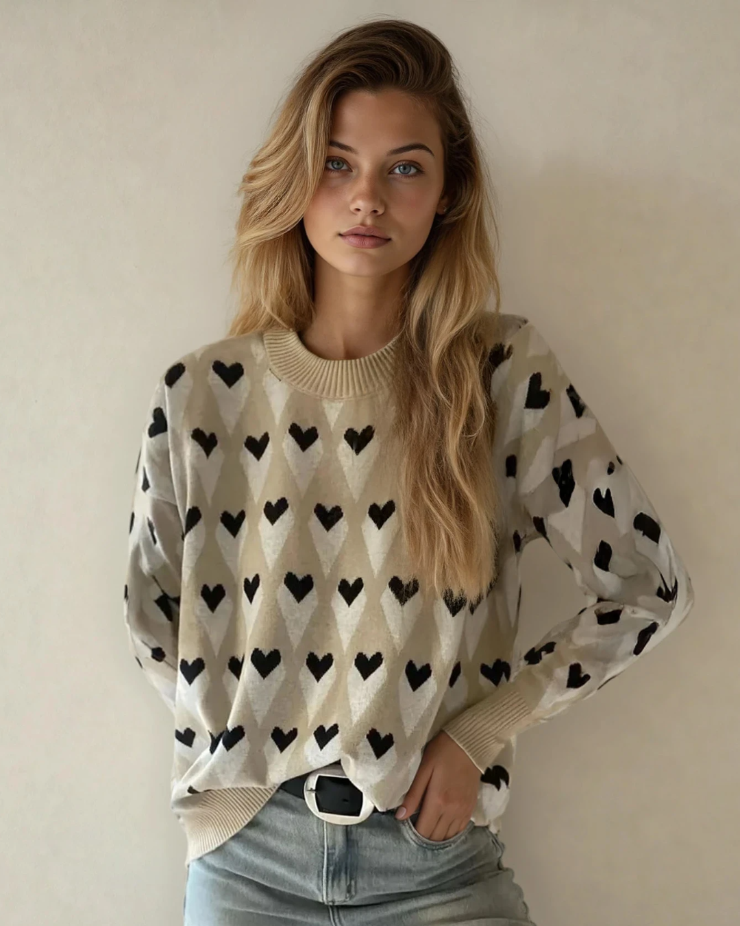Brynlee Geometric Heart Print Ribbed Trim Loose Sweater Parchment (top) - loose sweater, trim loose swe - shop at us.meeeshop