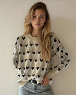 Brynlee Geometric Heart Print Ribbed Trim Loose Sweater