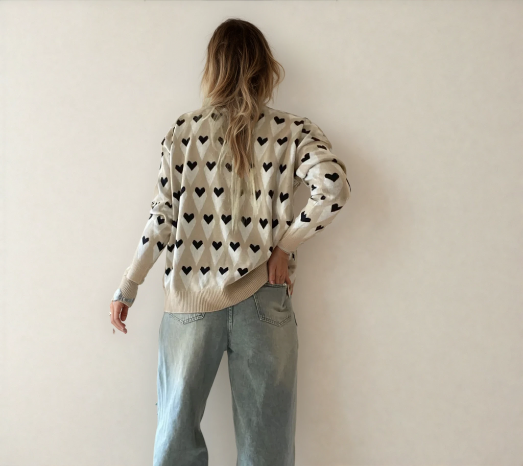 Brynlee Geometric Heart Print Ribbed Trim Loose Sweater Parchment view 2 (layer) - loose sweater, trim  - shop at us.meeeshop
