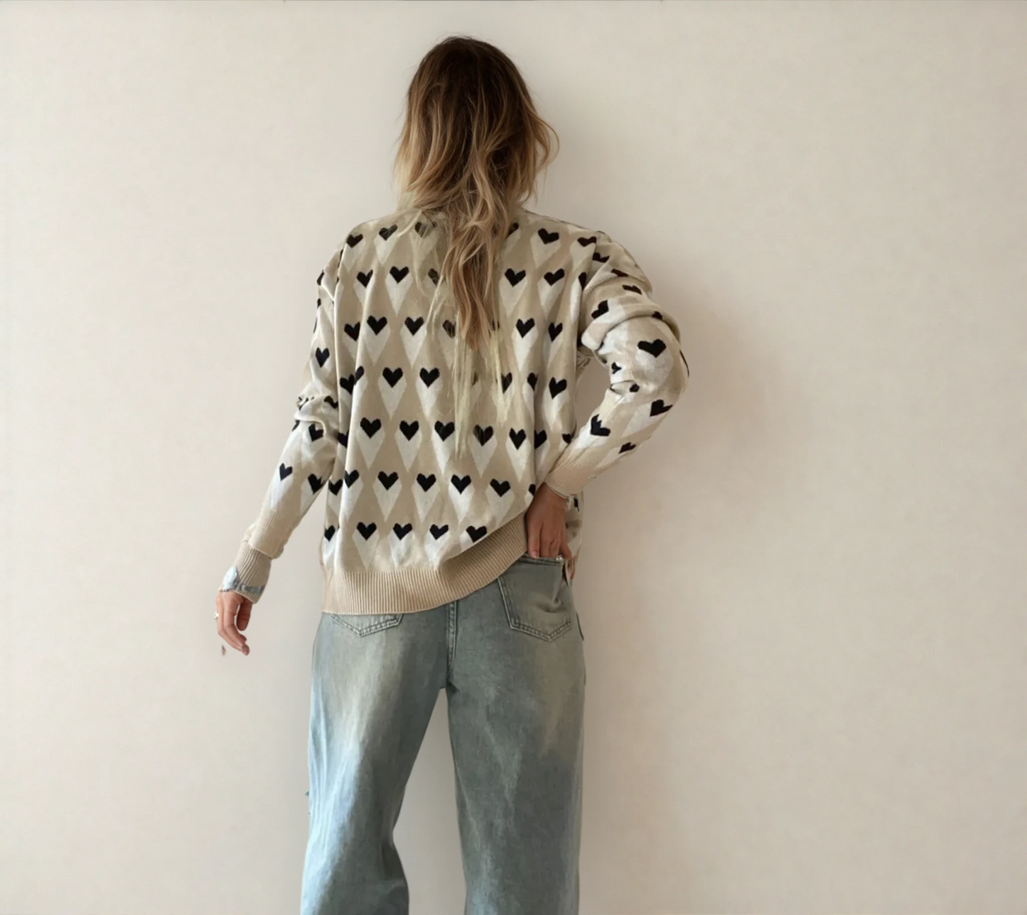 Brynlee Geometric Heart Print Ribbed Trim Loose Sweater Parchment view 2 (top) - loose sweater, trim lo - shop at us.meeeshop