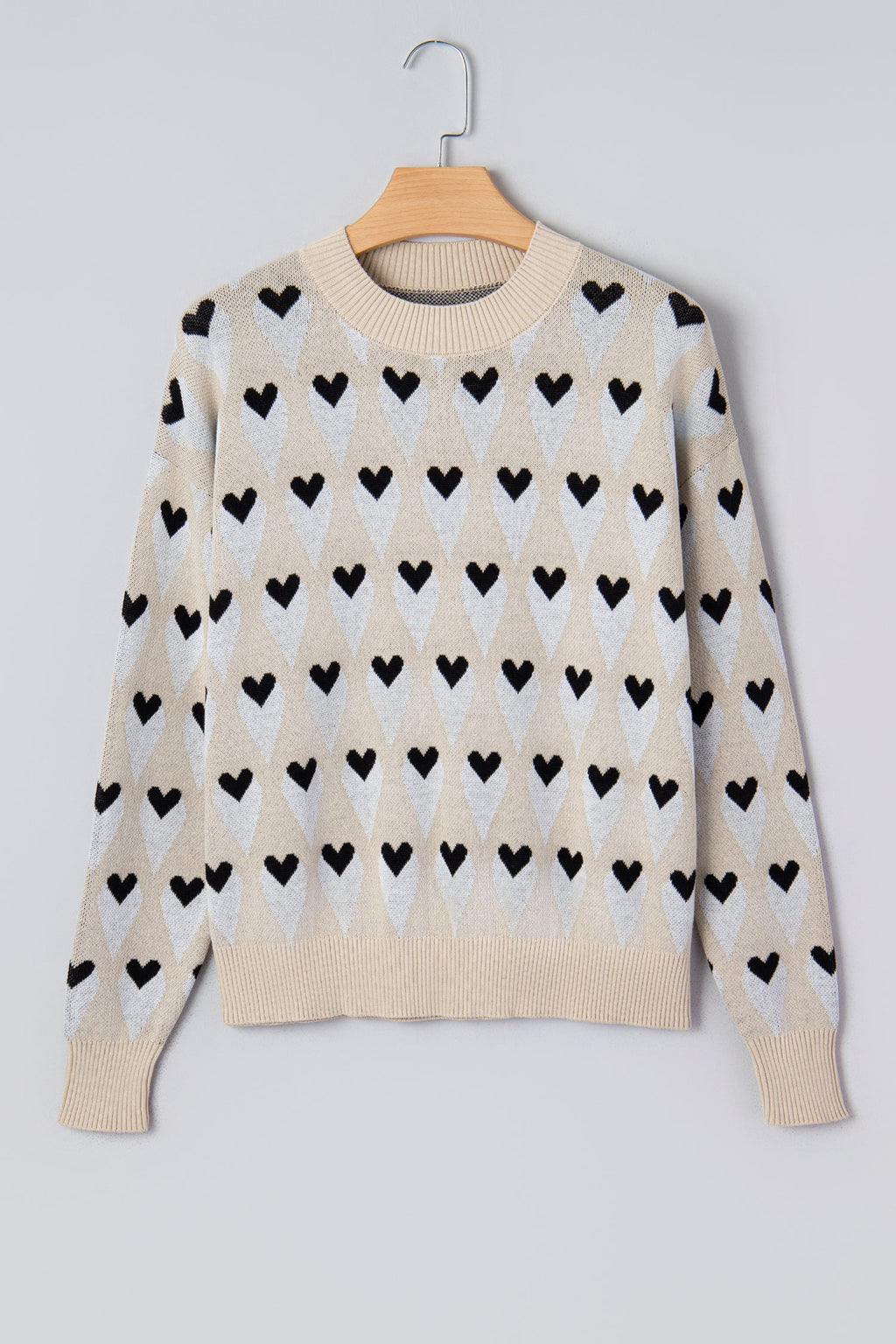 Brynlee Geometric Heart Print Ribbed Trim Loose Sweater Parchment view 3 (layer) - loose sweater, trim  - shop at us.meeeshop