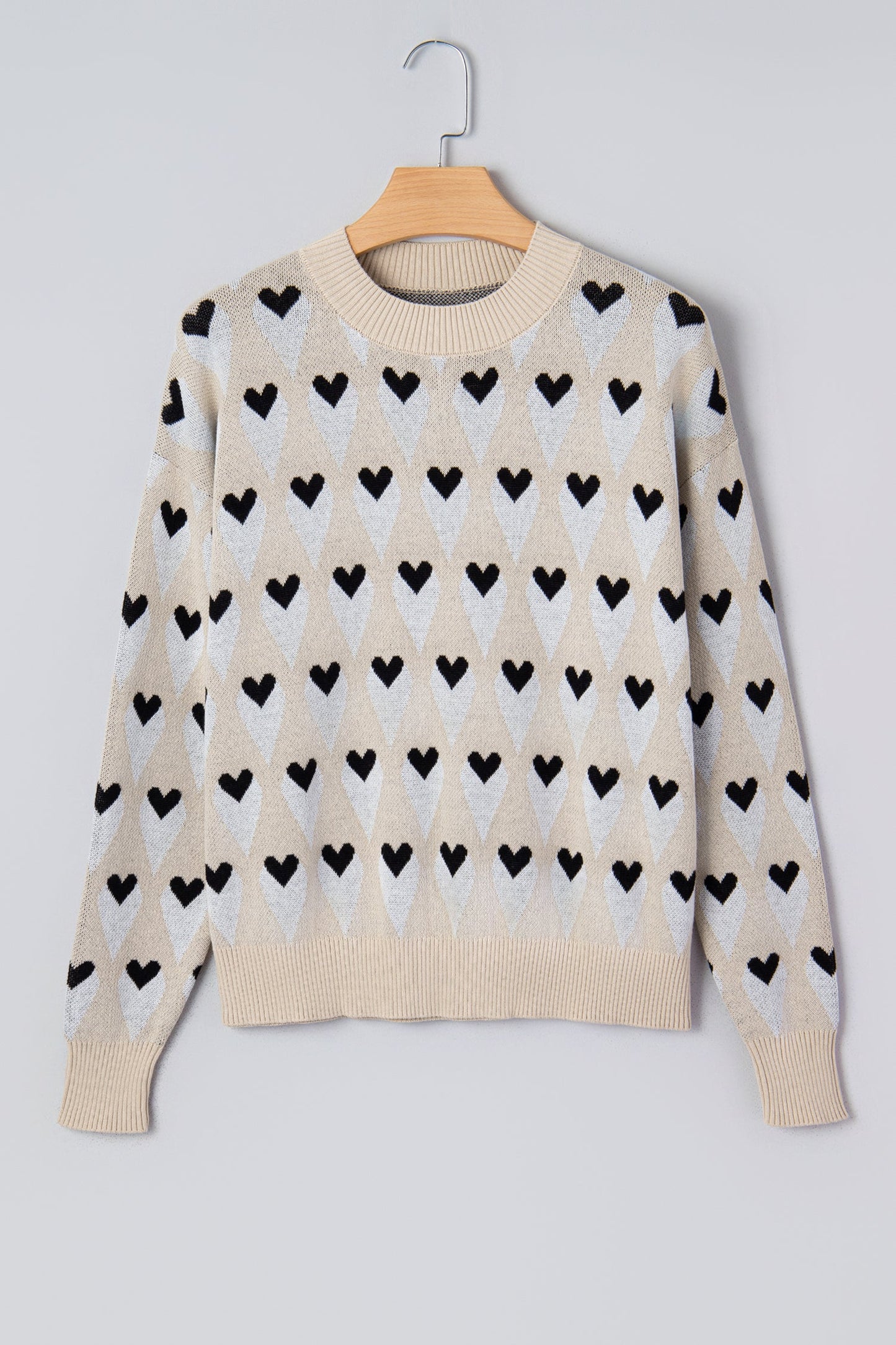 Brynlee Geometric Heart Print Ribbed Trim Loose Sweater Parchment view 3 (top) - loose sweater, trim lo - shop at us.meeeshop