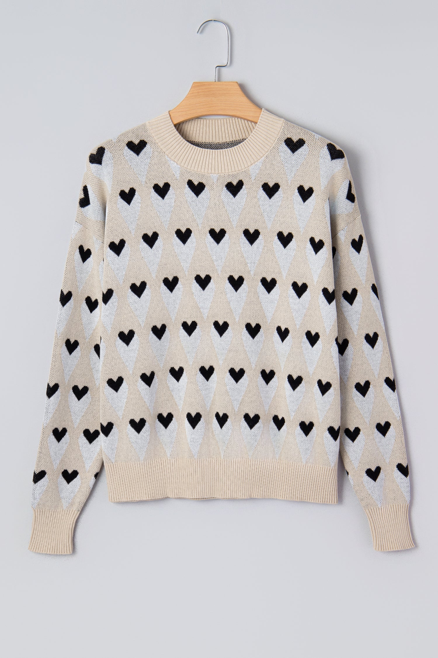 Brynlee Geometric Heart Print Ribbed Trim Loose Sweater Parchment view 3 (top) - loose sweater, trim lo - shop at us.meeeshop