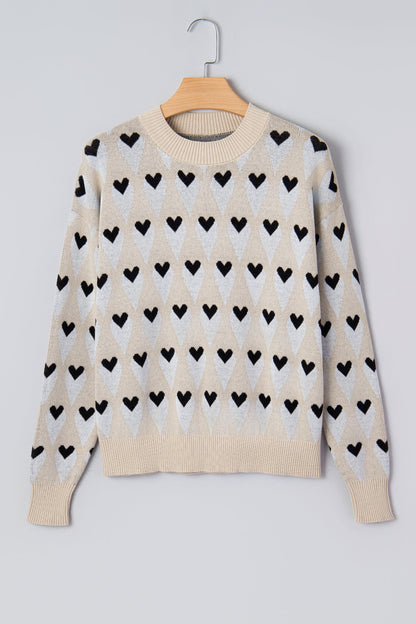 Brynlee Geometric Heart Print Ribbed Trim Loose Sweater Parchment view 3 (top) - loose sweater, trim lo - shop at us.meeeshop