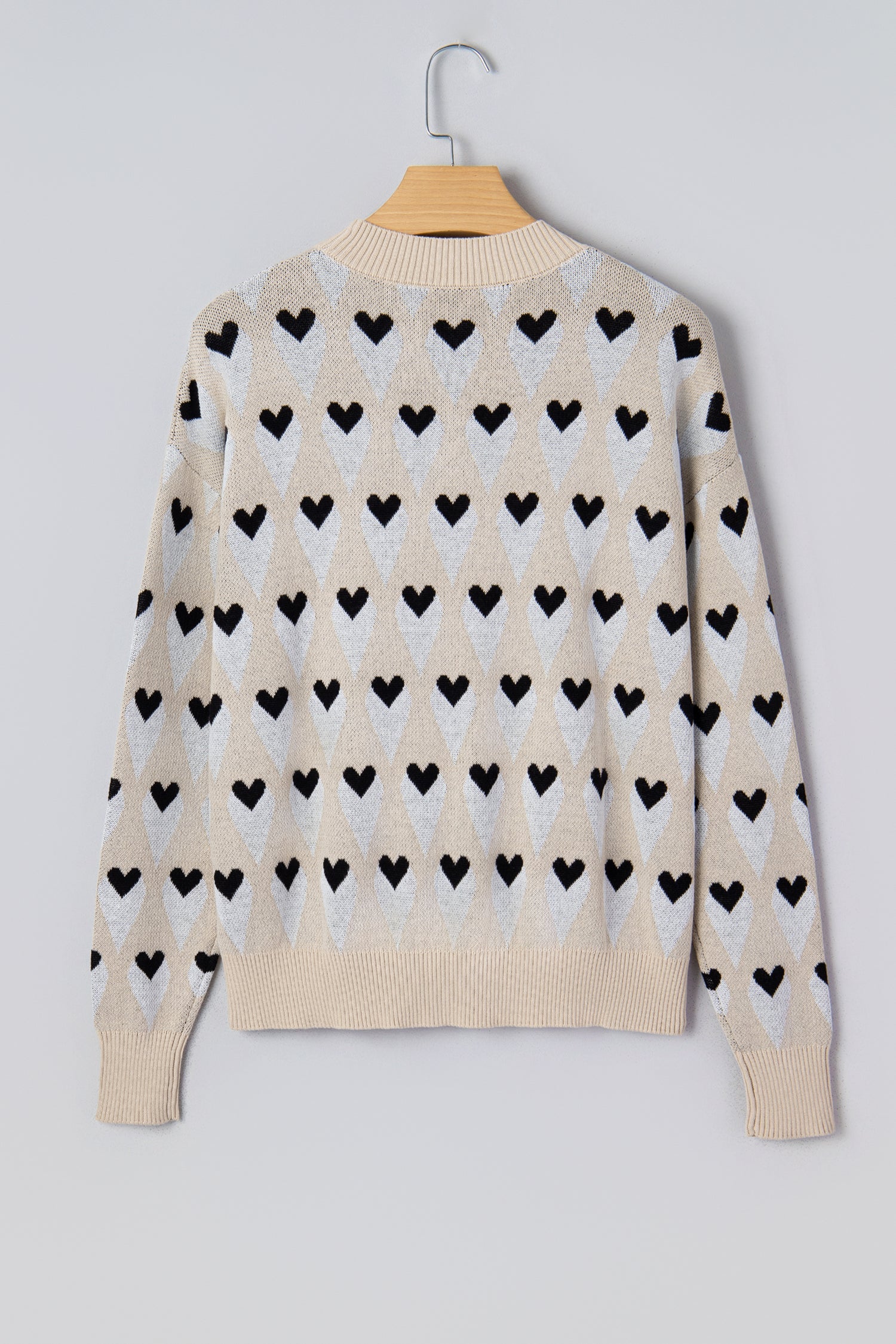 Brynlee Geometric Heart Print Ribbed Trim Loose Sweater Parchment view 4 (layer) - loose sweater, trim  - shop at us.meeeshop