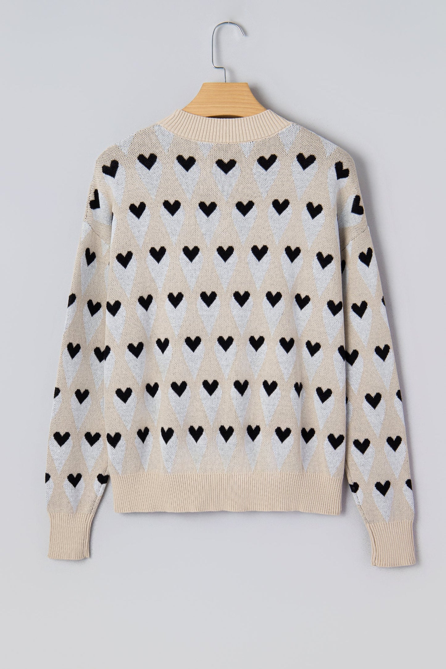 Brynlee Geometric Heart Print Ribbed Trim Loose Sweater Parchment view 4 (top) - loose sweater, trim lo - shop at us.meeeshop