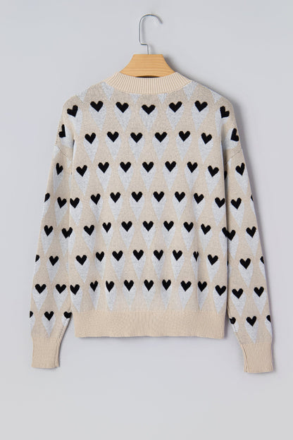 Brynlee Geometric Heart Print Ribbed Trim Loose Sweater Parchment view 4 (top) - loose sweater, trim lo - shop at us.meeeshop