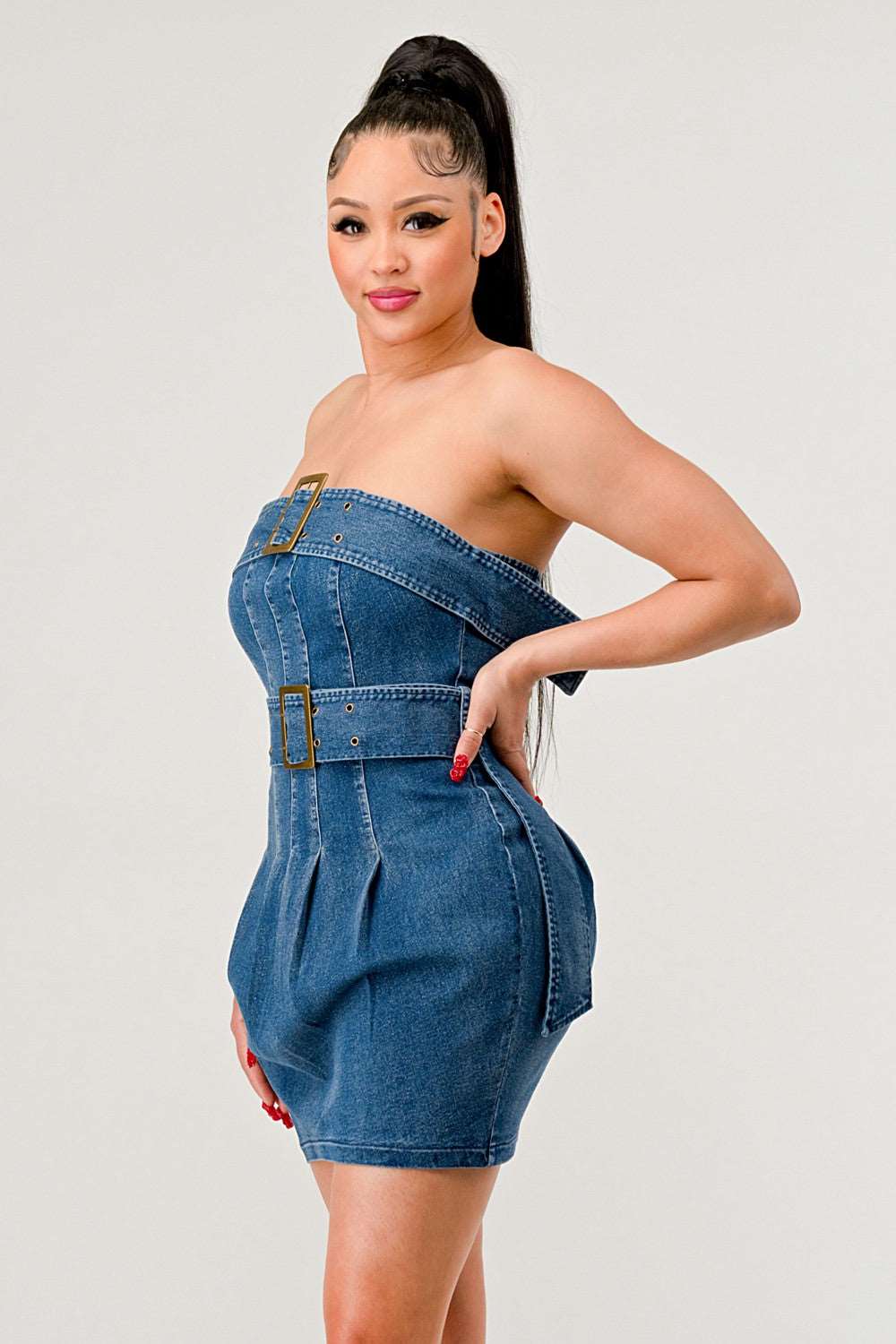 Buckle up Denim Delight Dress in Medium view 2 - Denim Buckle Dress Commense