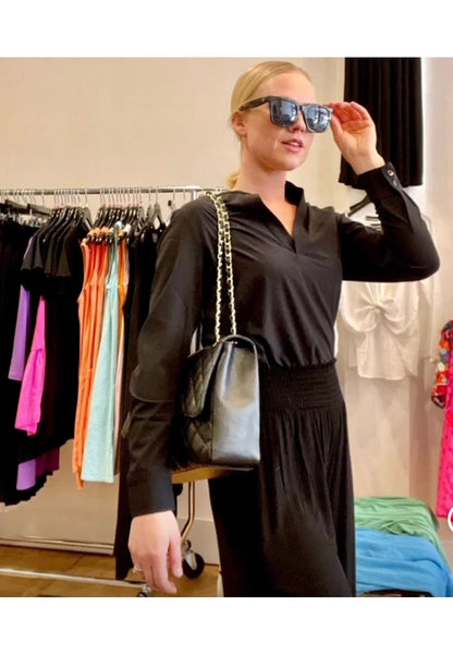 Buki Resort Vee Long Sleeve Popover Shirt - Black in L view 4 - Summer Outfit Idea - Long Sleeve Popover Top