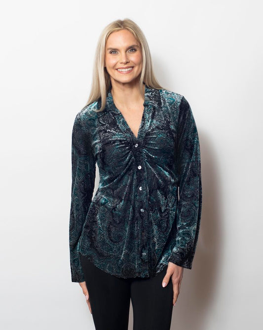 Burnout Printed Velvet Buttoned Shirt in Multi Potpourrie - Burnout Print T-Shirt (top)