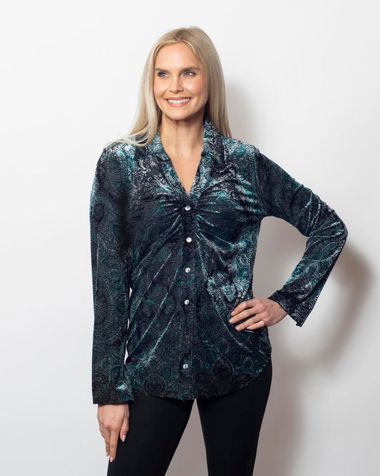 Burnout Printed Velvet Buttoned Shirt in Multi Potpourrie view 2 - Burnout Print T-Shirt (top)