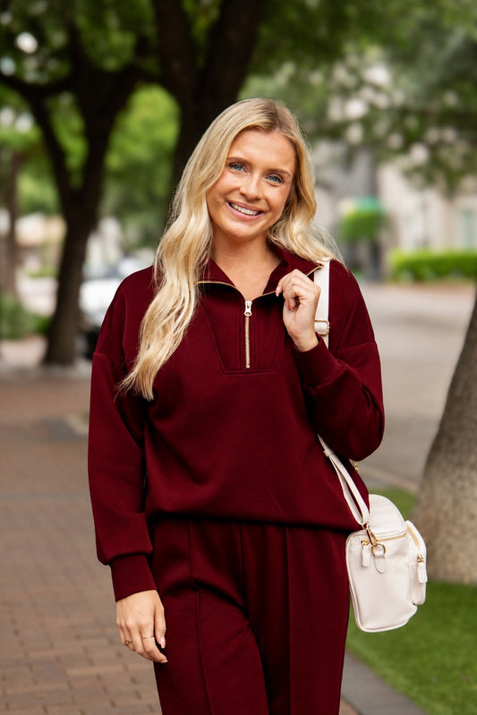 Butter Soft Quarter-zip Top, Maroon in Maroon view 2 - Butter Soft Tops