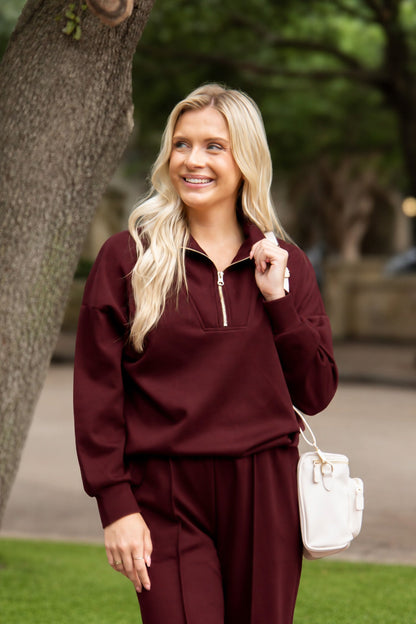 Butter Soft Quarter-zip Top, Maroon in Maroon view 3 - Butter Soft Tops