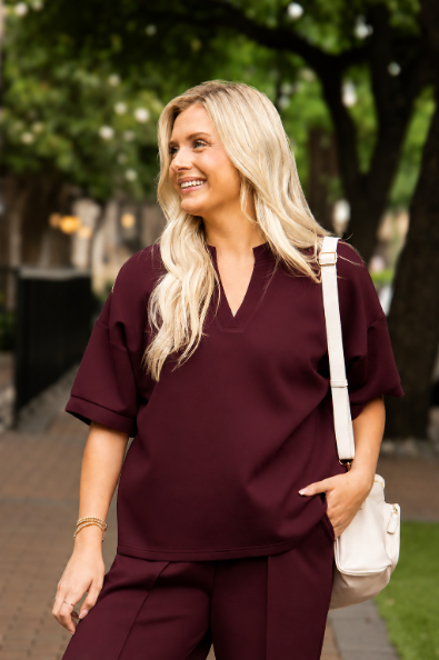 Butter Soft V-neck Top, Maroon in Maroon - Butter Soft Tops
