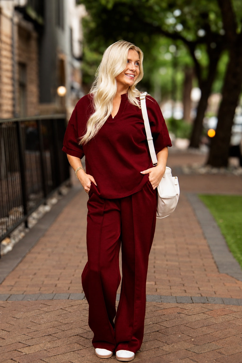 Butter Soft V-neck Top, Maroon in Maroon view 2 - Butter Soft Tops