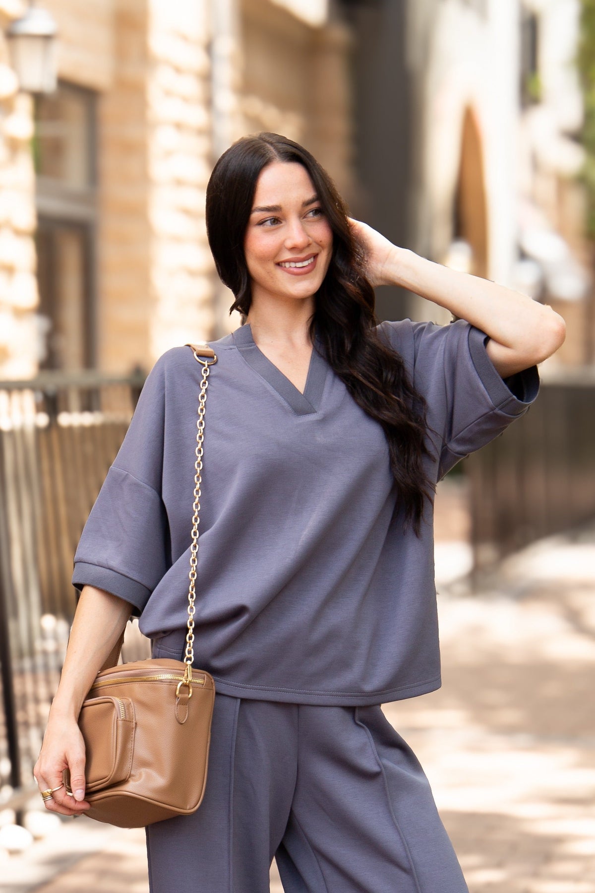 Butter Soft V-neck Top, Slate Blue - MeeeShop Women's Fashion