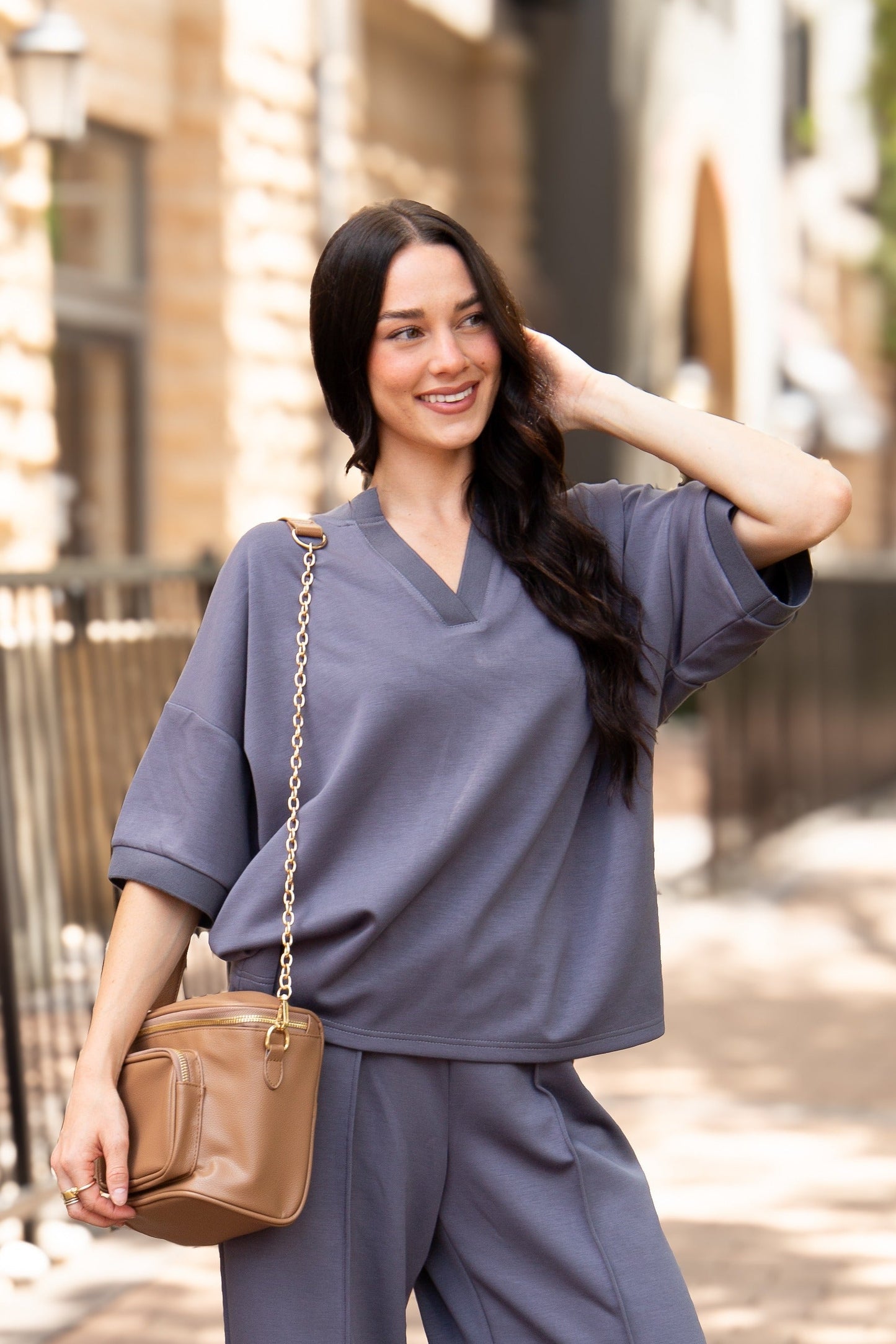 Butter Soft V-neck Top, Slate Blue in Slate Blue - Butter Soft Tops