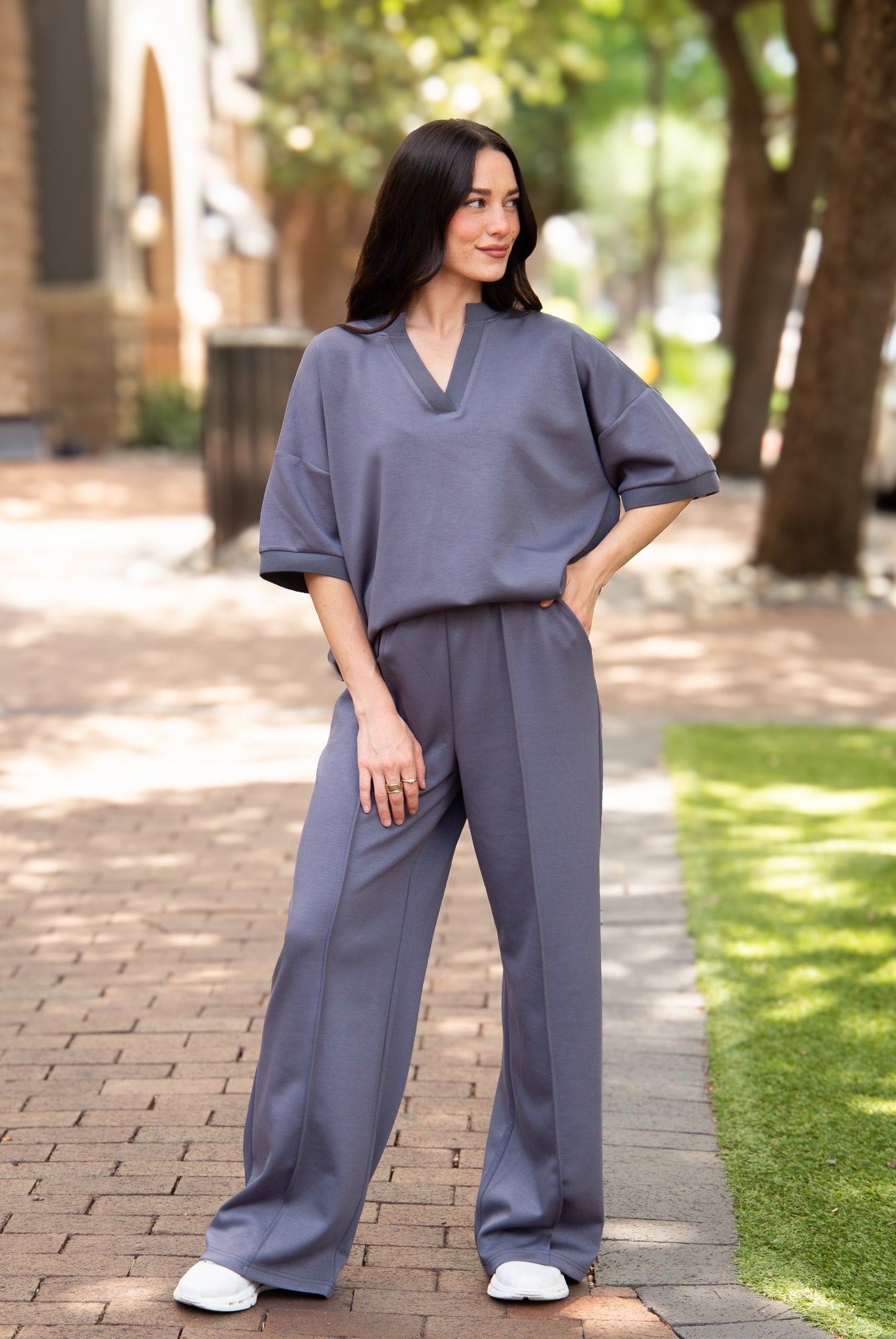 Butter Soft V-neck Top, Slate Blue in Slate Blue view 2 - Butter Soft Tops