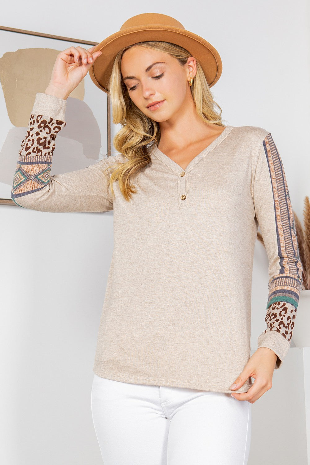 Button Detailed Front Knit with Contrast Sleeves Top - MeeeShop Women's Fashion