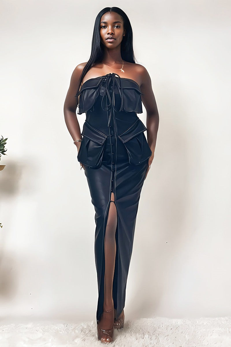 Button Detailed Pu Black Leather Dress in Large view 3